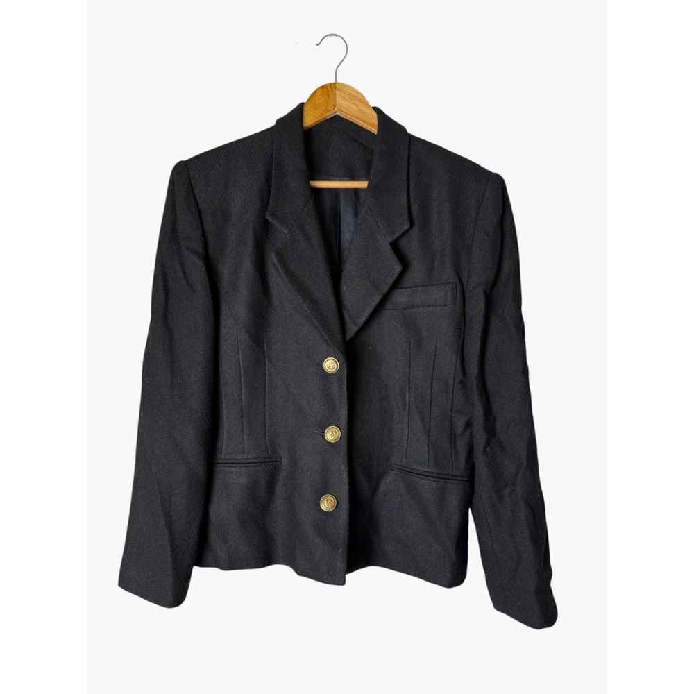 Vintage Sz 12 Elliott Lauren Black Blazer Gold Crest Button Structured Jacket